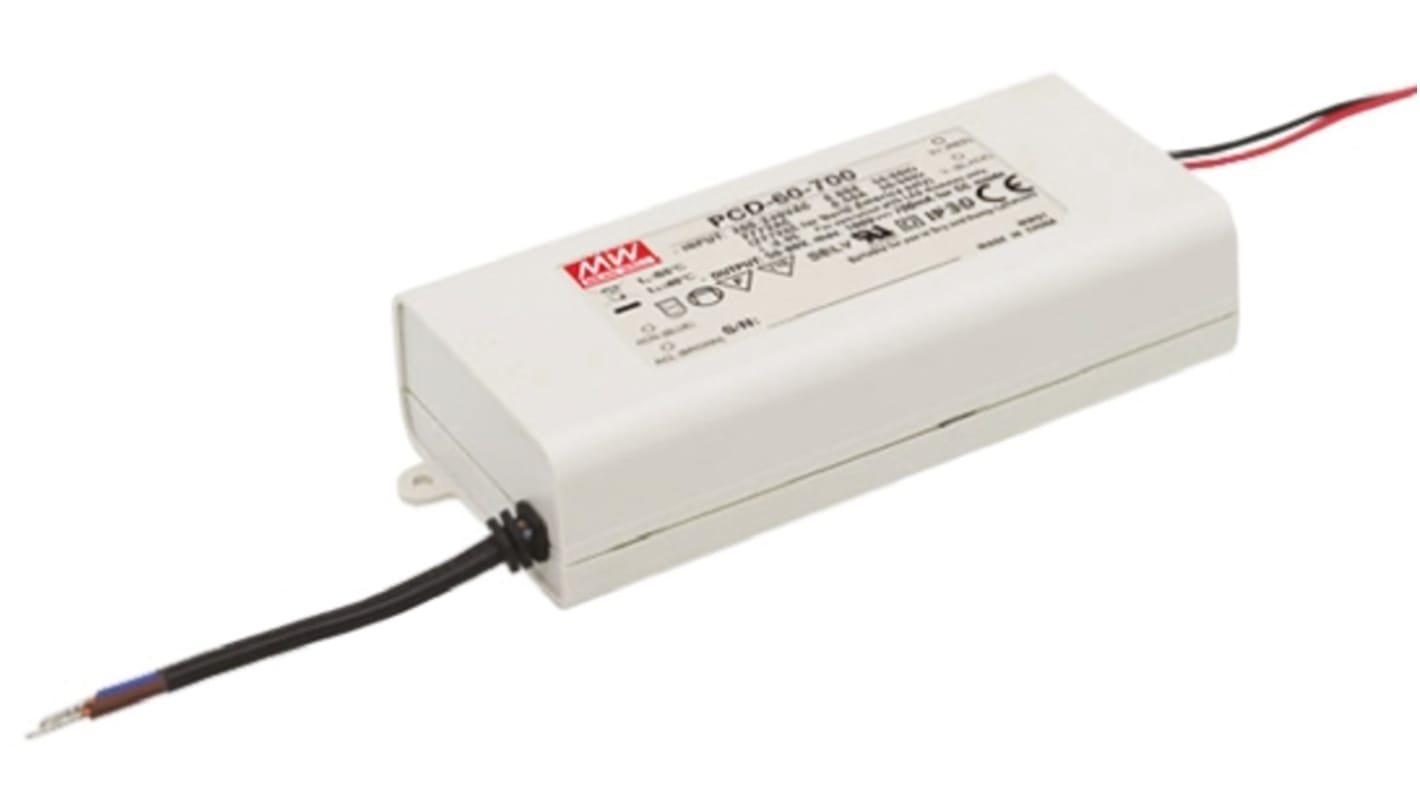 Driver LED corriente constante MEAN WELL, IN: 180 → 295 V ac, OUT: 50 → 86V, 700mA, 60.2W, regulable, IP30