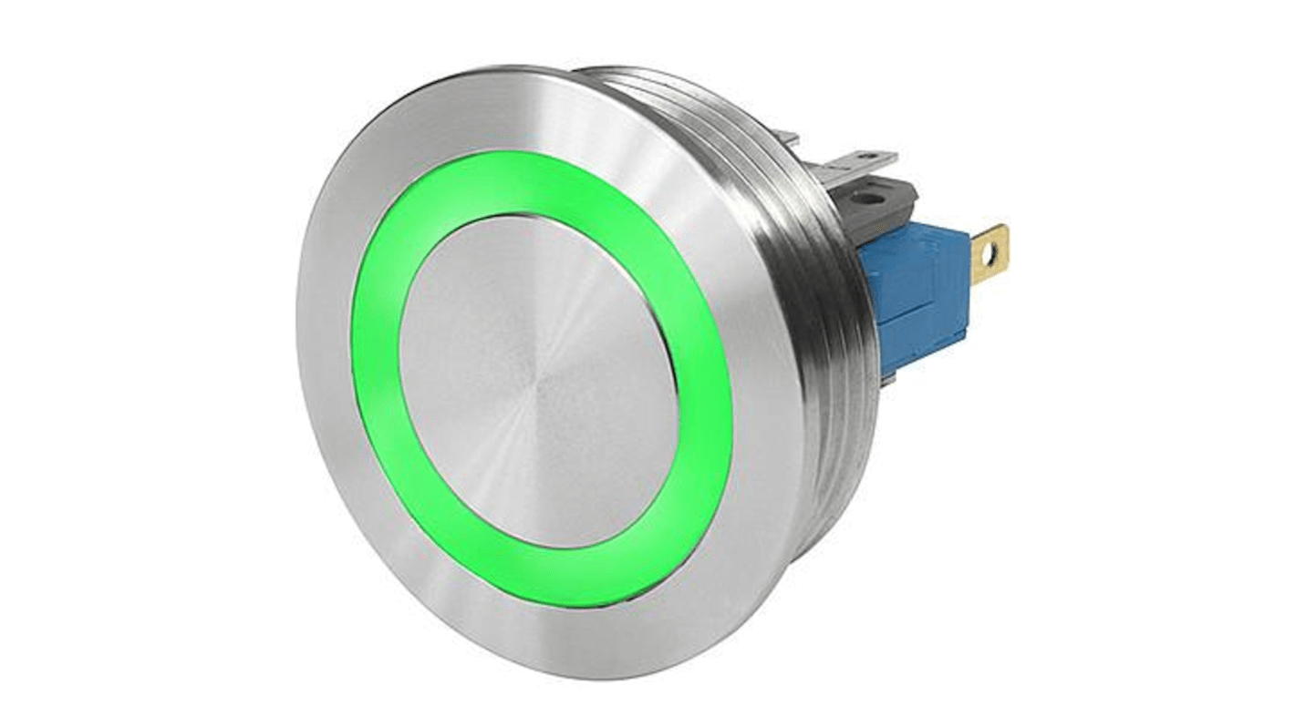 Schurter Illuminated Push Button Switch, Momentary, Panel Mount, 30.1mm Cutout, SPDT, Green LED, 250V ac, IP40