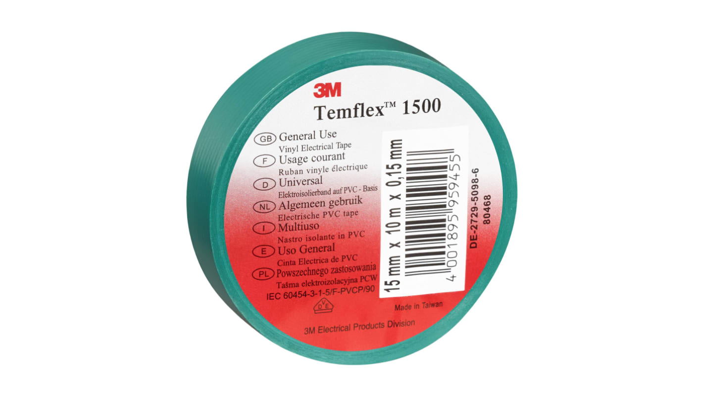 3M Temflex 1500 Green PVC Electrical Tape, 15mm x 10m