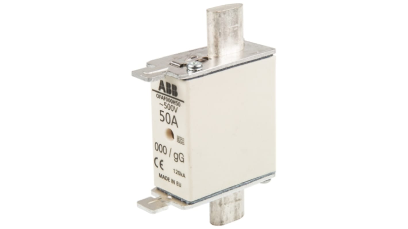 Fusible de cuchillas centradas ABB OFAF000H, NH000, gG, 500V, 50A, DIN IEC 60269-1-2