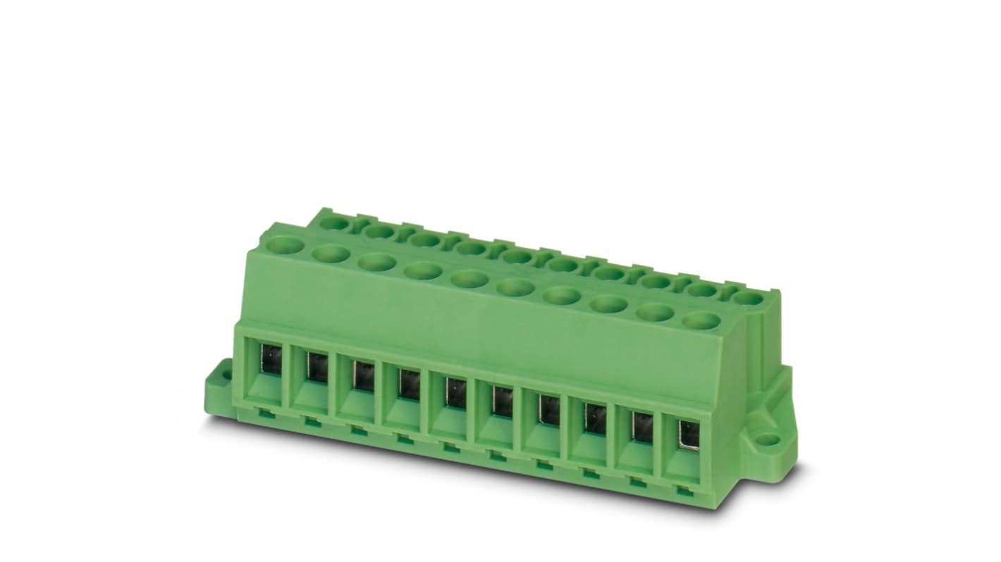 Bloque de terminal PCB Hembra Ángulo recto Phoenix Contact de 8 vías, paso 5.08mm, 12A, de color Verde, montaje de