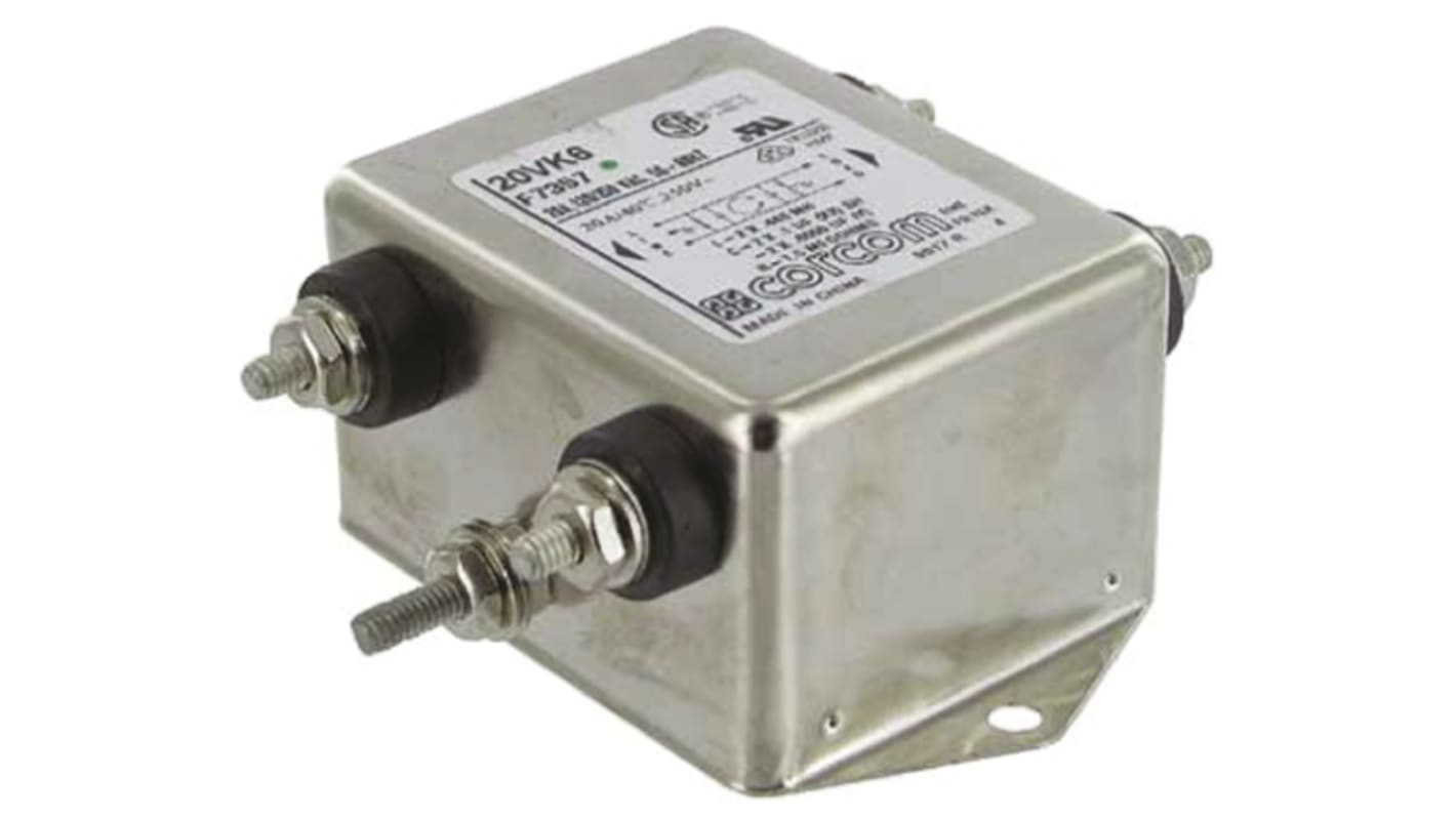 TE Connectivity, Corcom K 20A 250 V ac 50/60Hz, Flange Mount RFI Filter, Threaded Bolt, Single Phase