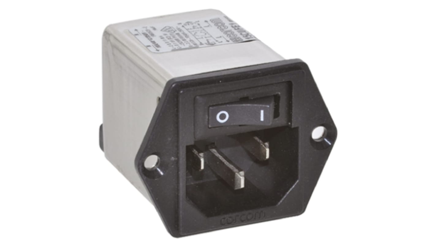 TE Connectivity C14 IEC Filter Stecker mit 1-Pol Schalter, 250 V ac / 15A, Tafelmontage / Flachsteck-Anschluss