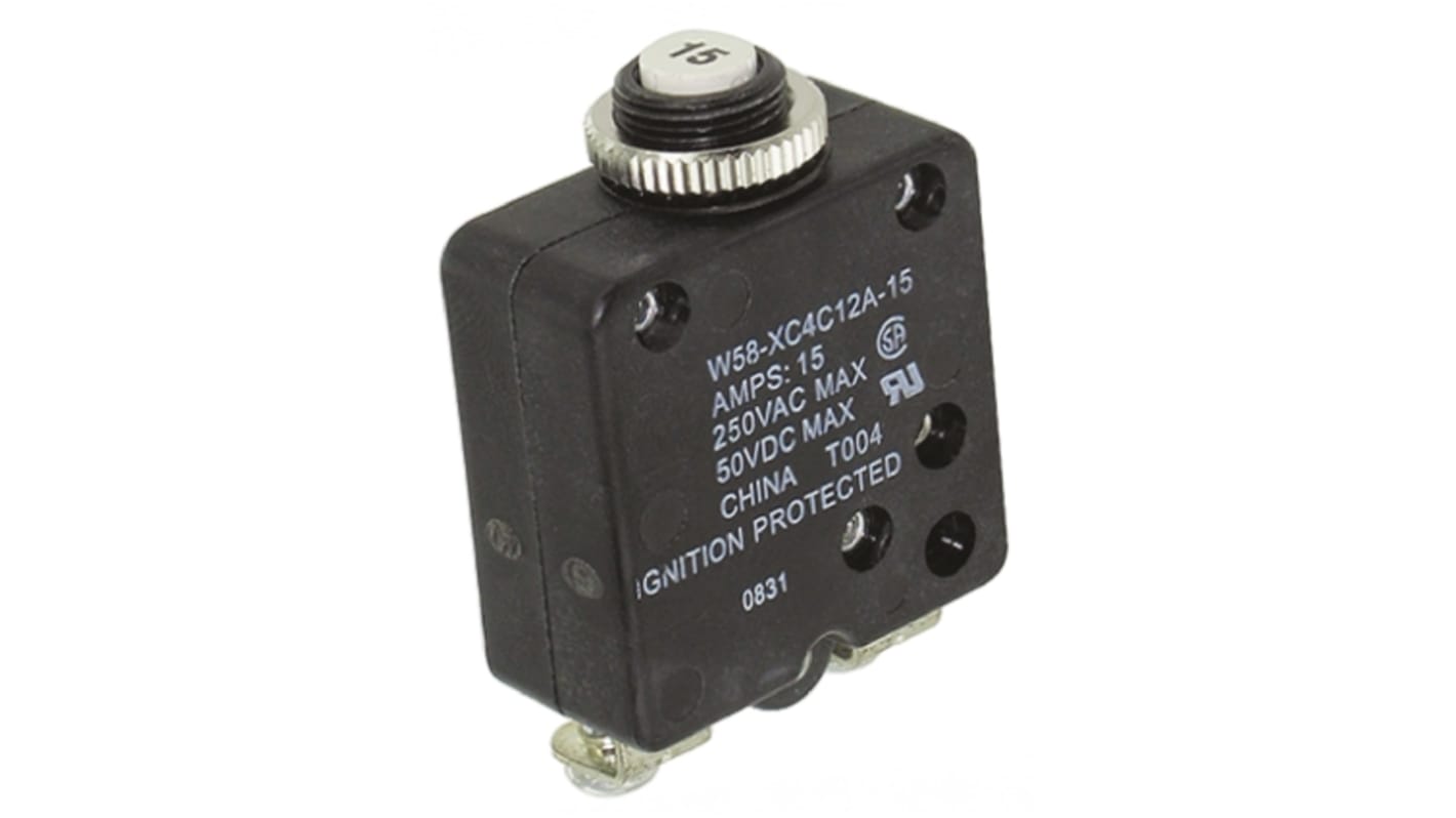 Disjoncteur thermique TE Connectivity W58, 15A, 1 pôle, 50 V dc, 250V c.a.