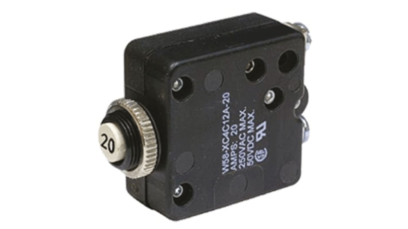 TE Connectivity Thermal Circuit Breaker - W58  Single Pole 50 V dc, 250V ac Voltage Rating, 20A Current Rating