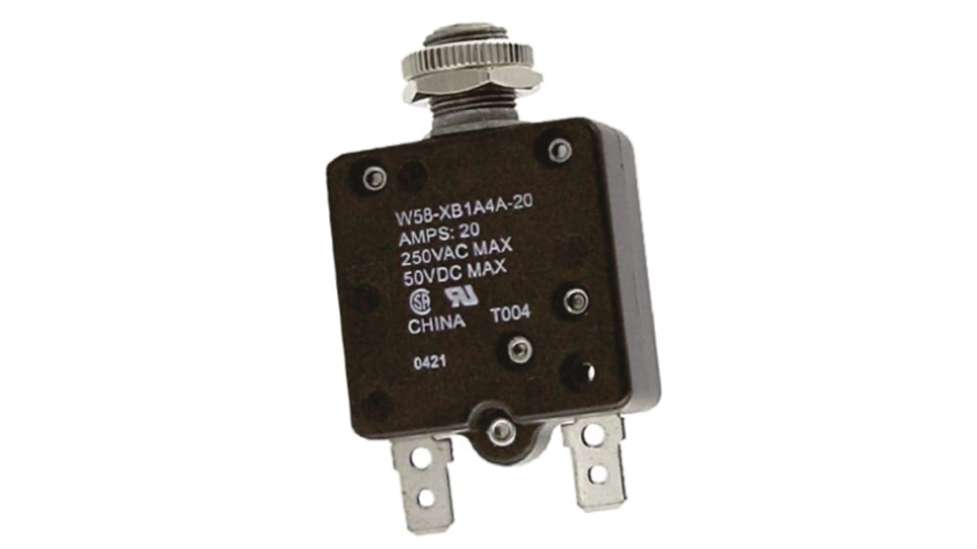 TE Connectivity Thermal Circuit Breaker - W58 Single Pole 50 V dc, 250V ac Voltage Rating, 20A Current Rating