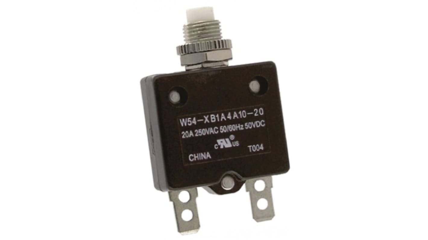 TE Connectivity Thermal Circuit Breaker - W54  Single Pole 250V ac Voltage Rating, 20A Current Rating