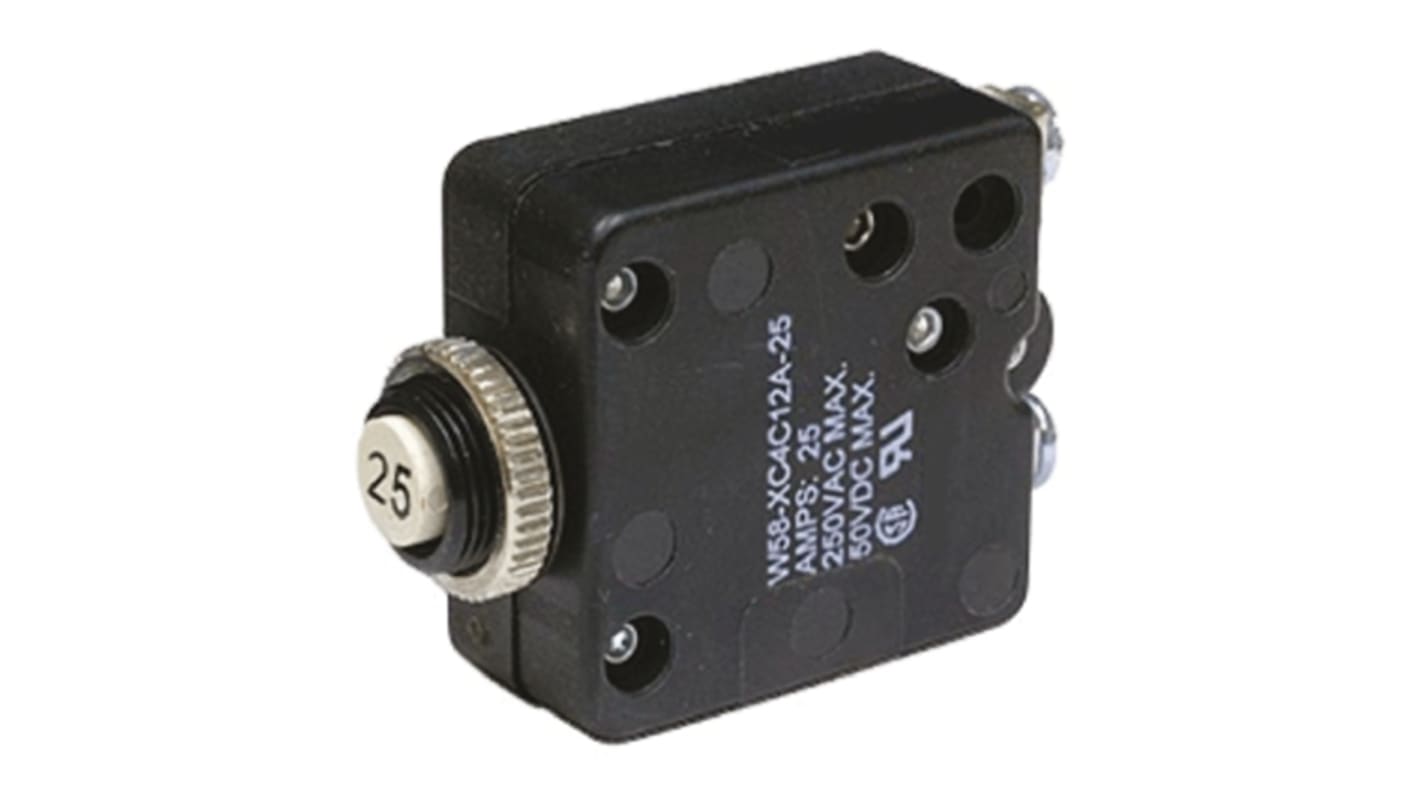 TE Connectivity Thermal Circuit Breaker - W58 Single Pole 50 V dc, 250V ac Voltage Rating, 25A Current Rating