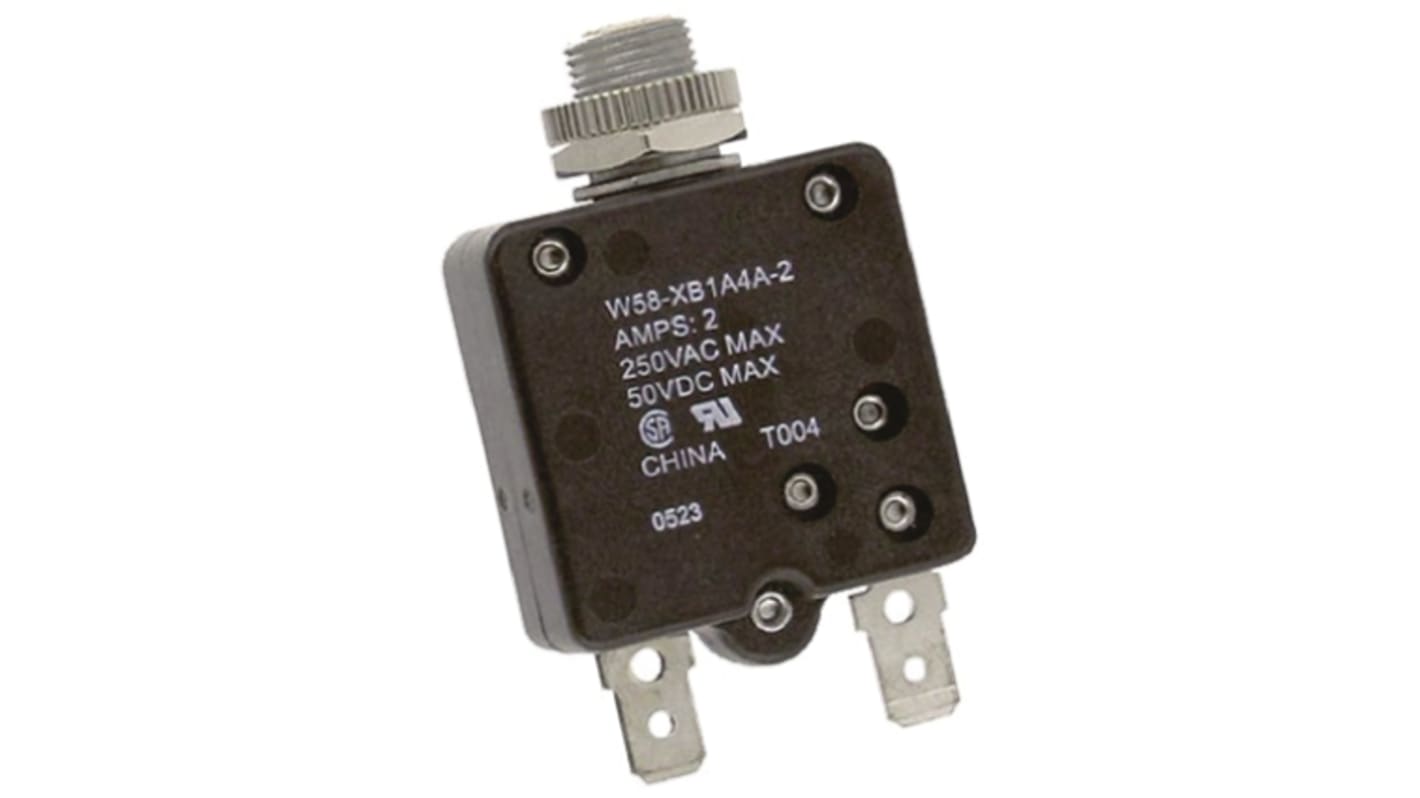TE Connectivity Thermal Circuit Breaker - W58 Single Pole 50 V dc, 250V ac Voltage Rating, 2A Current Rating