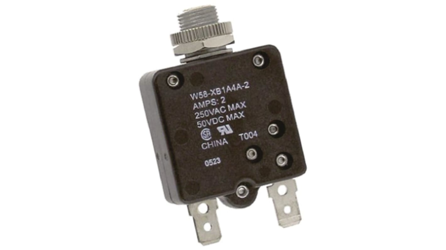 TE Connectivity Thermal Circuit Breaker - W58  Single Pole 50 V dc, 250V ac Voltage Rating, 2A Current Rating