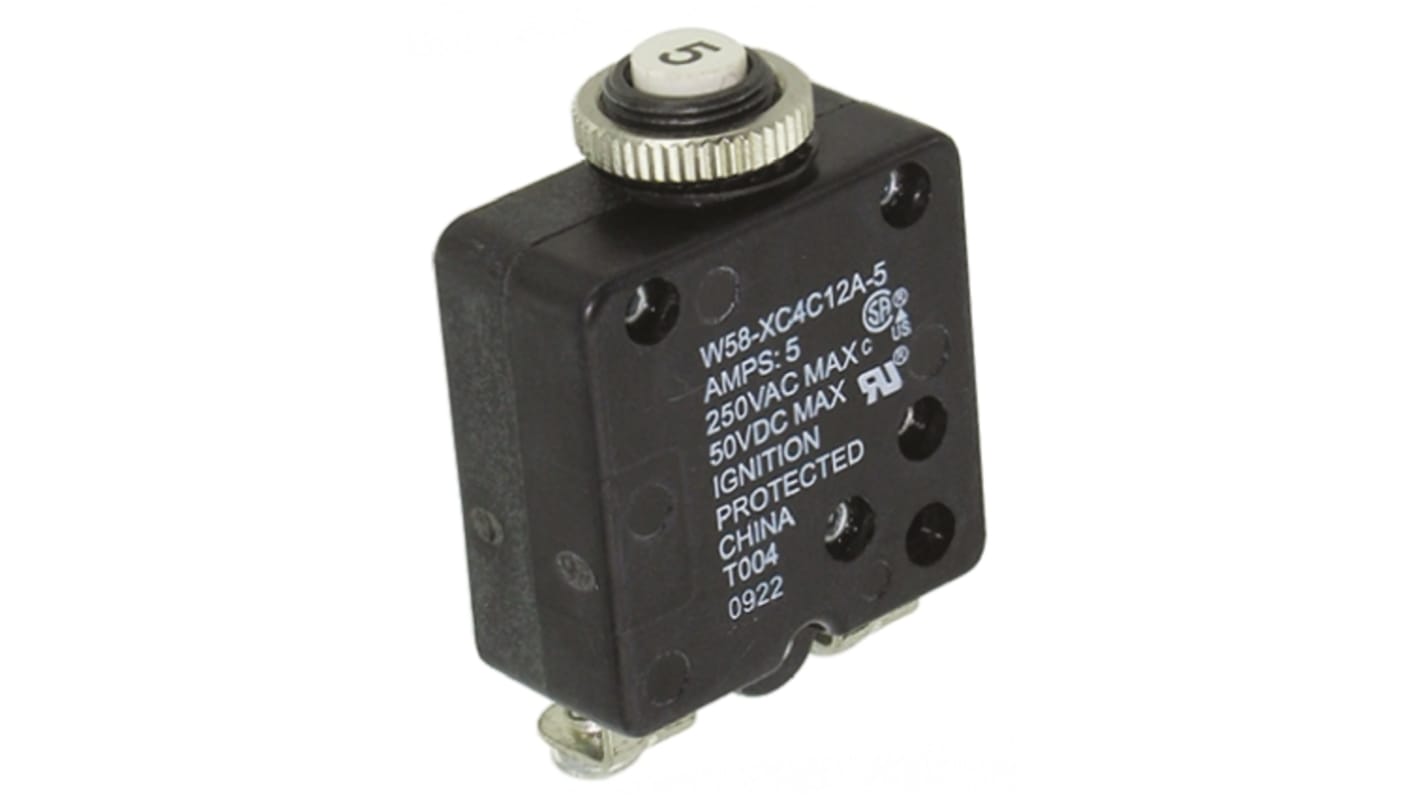 TE Connectivity Thermal Circuit Breaker - W58 Single Pole 50 V dc, 250V ac Voltage Rating, 5A Current Rating