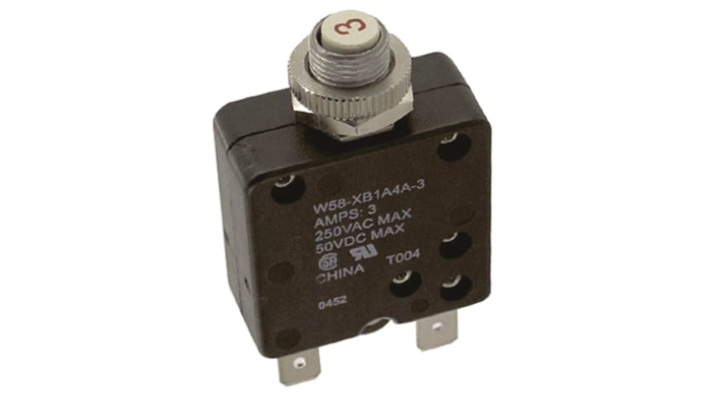 TE Connectivity Thermal Circuit Breaker - W58  Single Pole 50 V dc, 250V ac Voltage Rating, 3A Current Rating