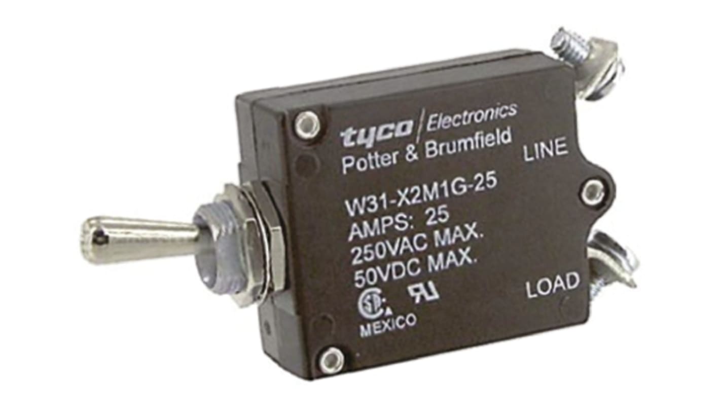 TE Connectivity Thermal Circuit Breaker - W31  Single Pole 50 V dc, 240V ac Voltage Rating, 25A Current Rating