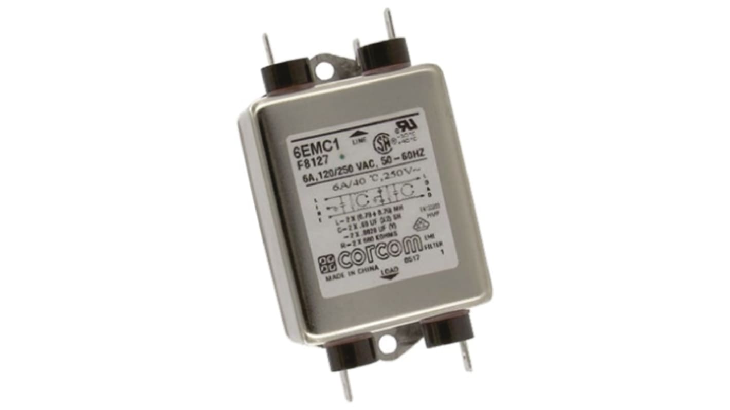 TE Connectivity Corcom EMC Serien RFI-filter, Flangemontering, 6A, 250 V ac, 50/60Hz, Terminering: Spadestik, Antal