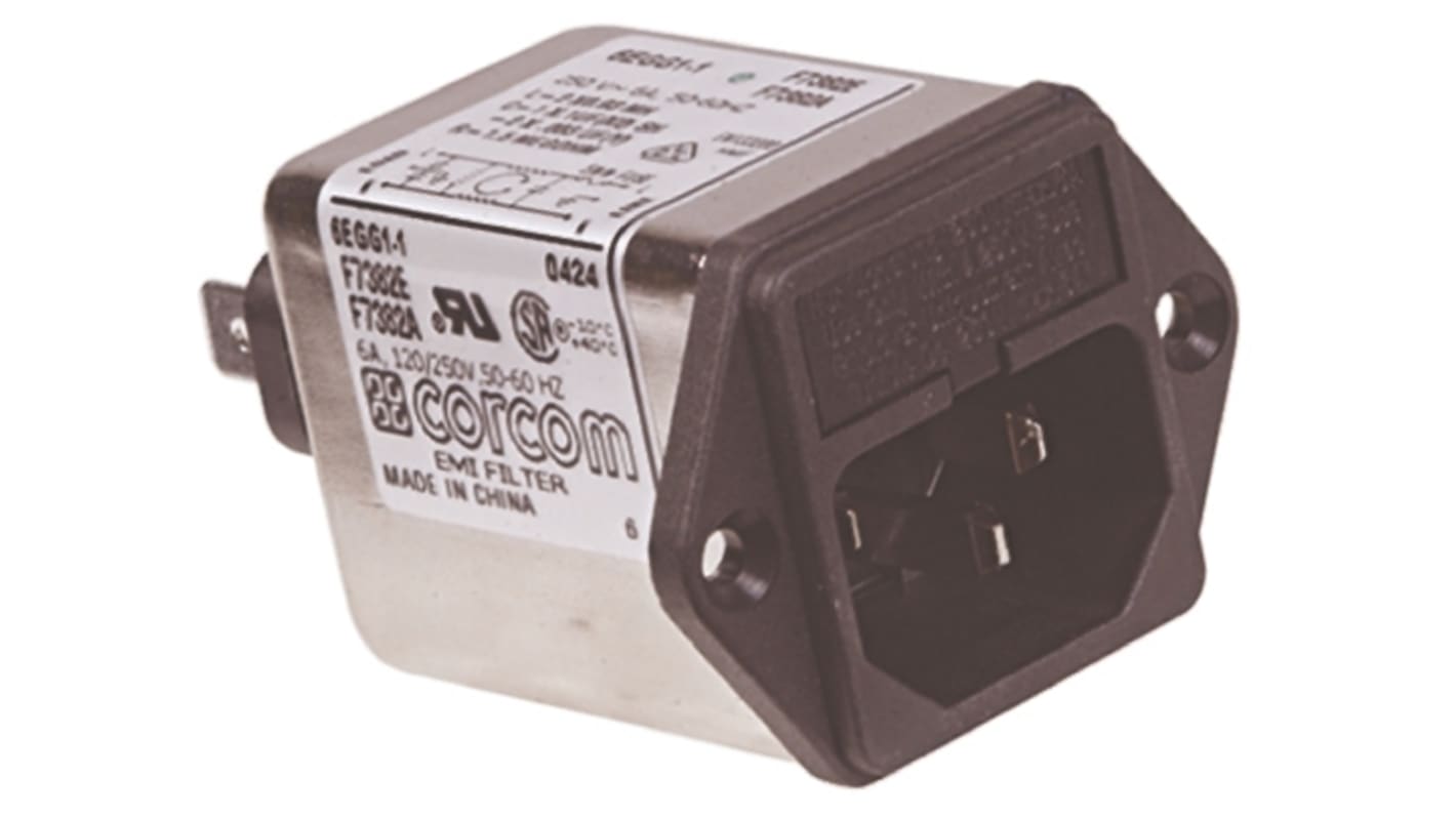 IEC szűrő Férfi, C14, Peremre szerelhető, biztosíték mérete: 5 x 20mm, 1A, 250 V AC, üzemeltetési frekvencia: 50/60Hz