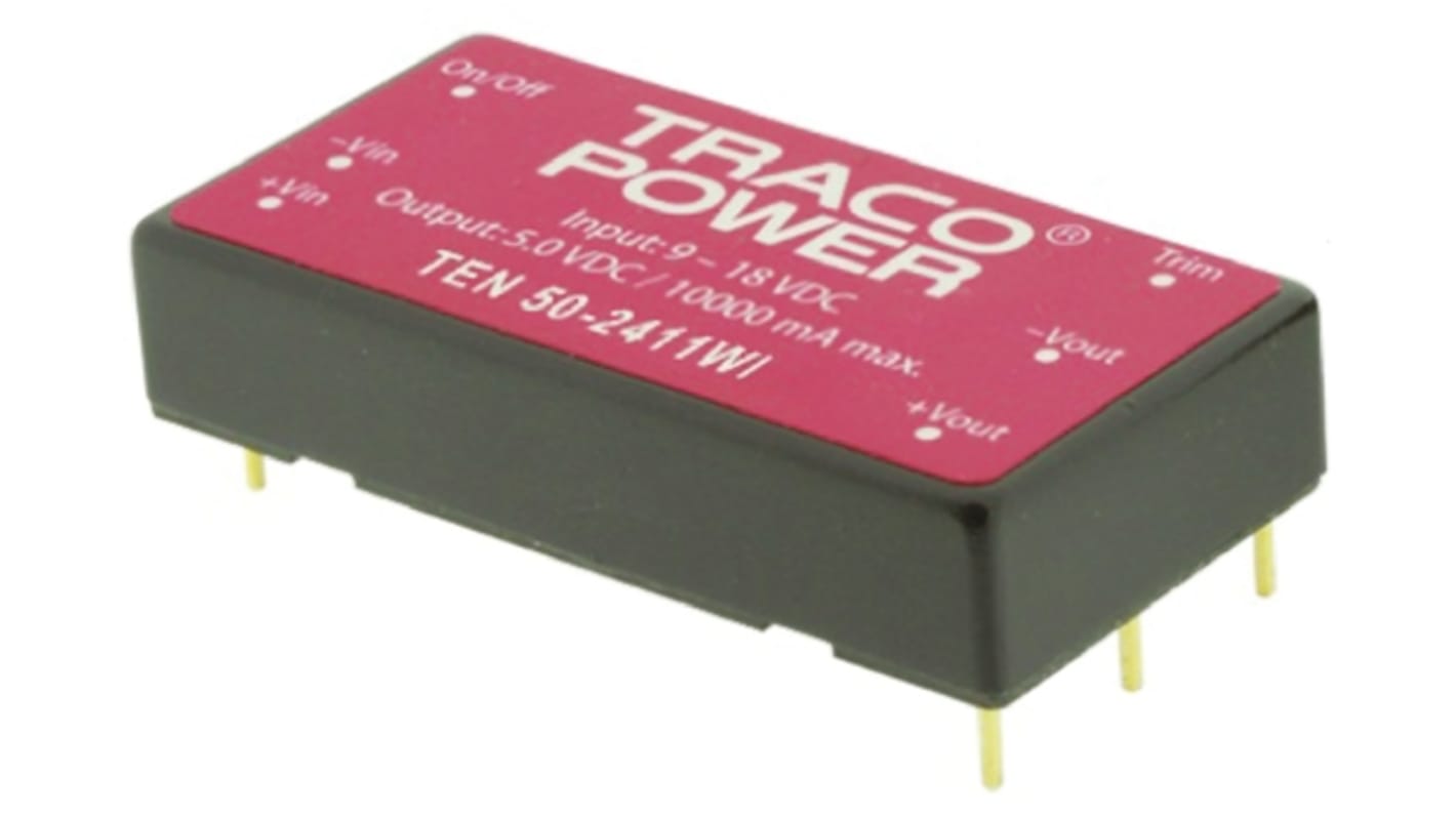 TRACOPOWER TEN 50WI DC-DC Converter, 12V dc/ 4.17A Output, 9 → 36 V dc Input, 50W, Through Hole, +85°C Max Temp