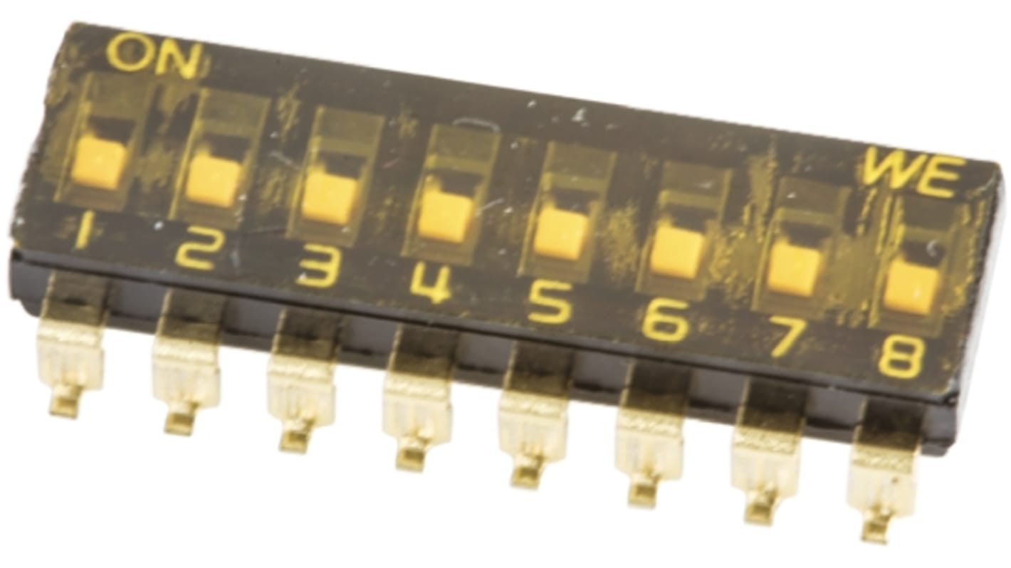 DIP switch, 8-polet, , SMD, Flad 25 mA ved 24 V dc, 8-vejs, -40 → +85°C