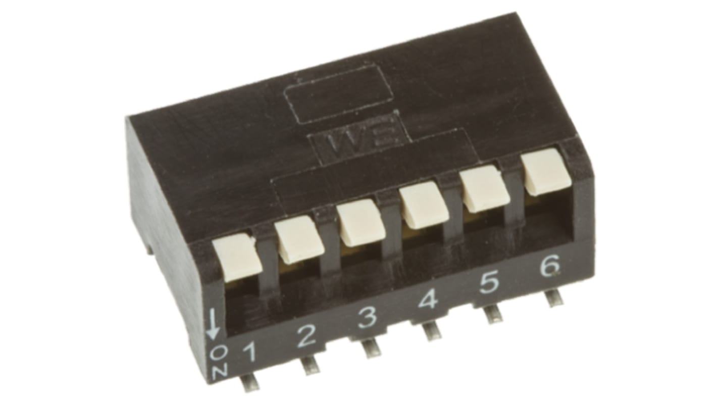 DIP kapcsoló 6P, Felületre szerelhető, működtető típusa: piano, 25 mA 24 V DC esetén, 6-pozíciós, -40 → +85°C