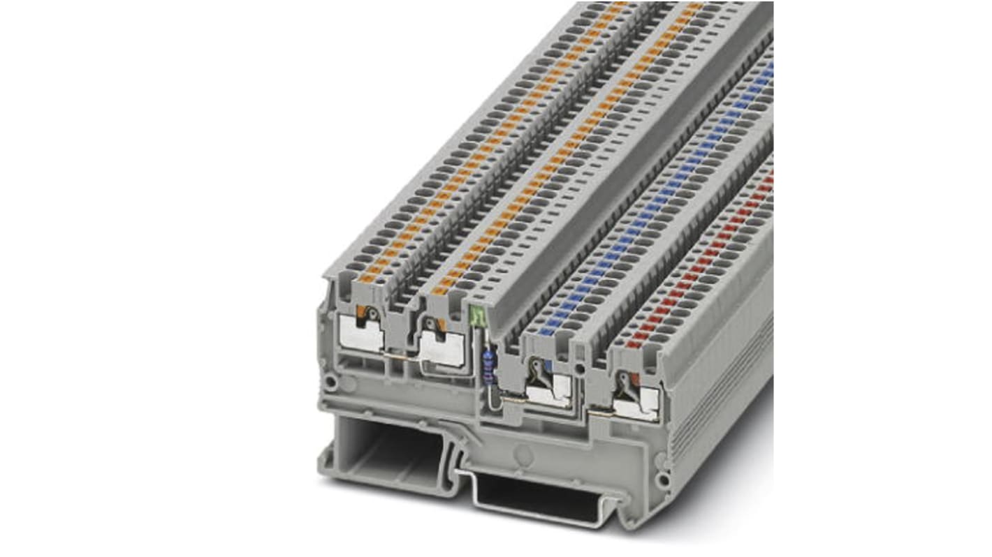 Phoenix Contact PTIO 1.5/S/3-LED 24 GN Series Grey DIN Rail Terminal Block, 1.5mm², Triple-Level, Push In Termination