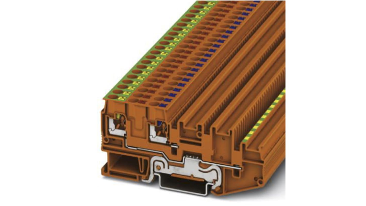 Phoenix Contact PTIO-IN 2.5/4-PE OG Series Orange DIN Rail Terminal Block, 1.5mm², Quadruple-Level, Push In Termination