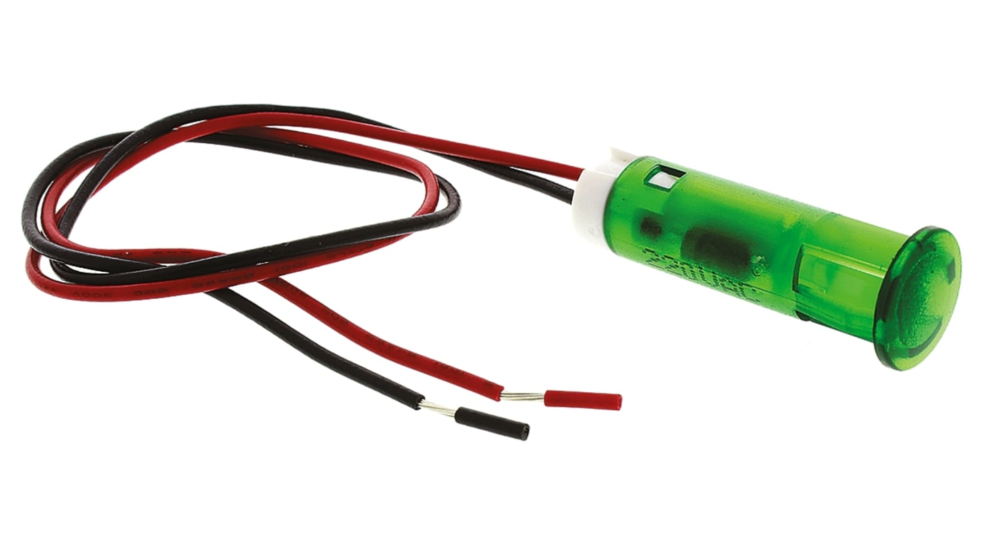 Indikátor pro montáž do panelu 8mm barva Zelená, typ žárovky: LED Olověné dráty, 220V ac APEM