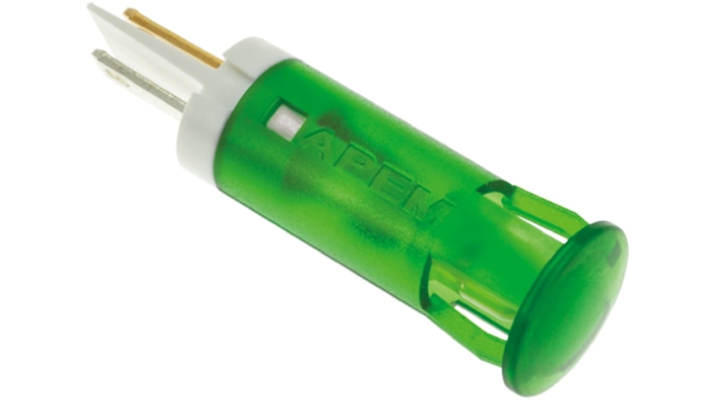 Apem Green Panel Mount Indicator, 110V ac, 10mm Mounting Hole Size, Faston, Solder Lug Termination