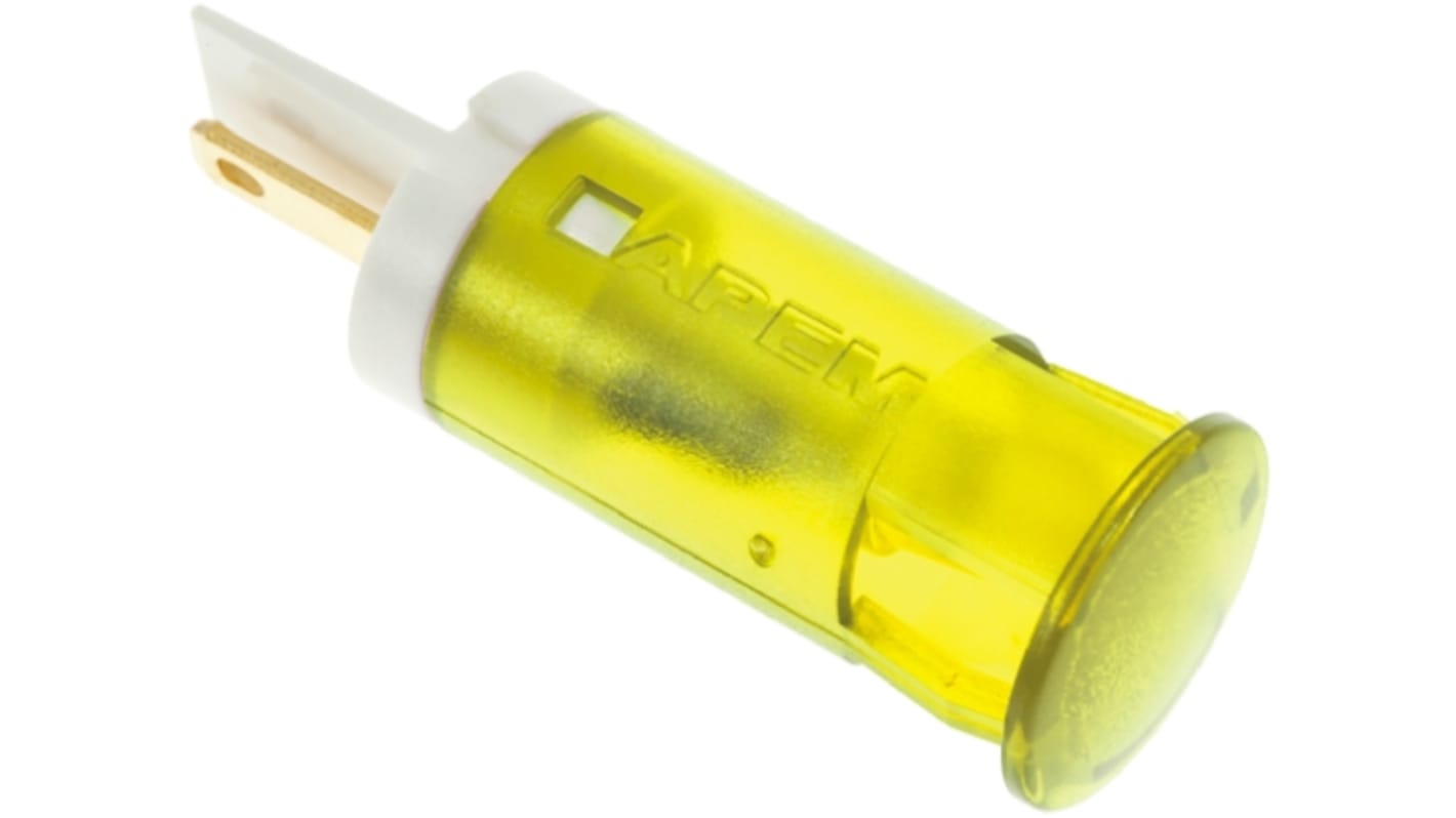 Apem Yellow Panel Mount Indicator, 12V dc, 12mm Mounting Hole Size, Faston, Solder Lug Termination