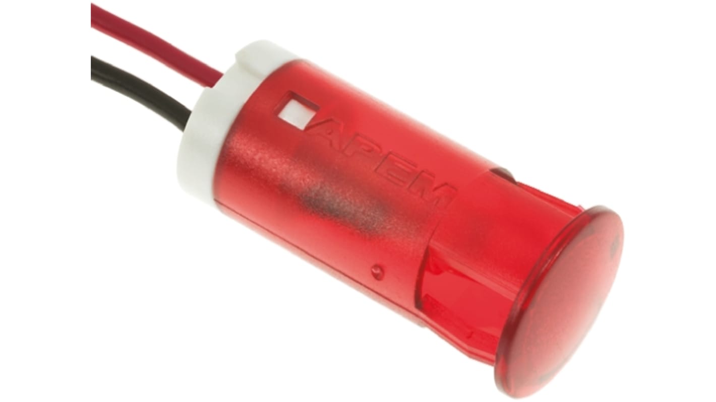 APEM Red Panel Mount Indicator, 12V dc, 12mm Mounting Hole Size, Lead Wires Termination