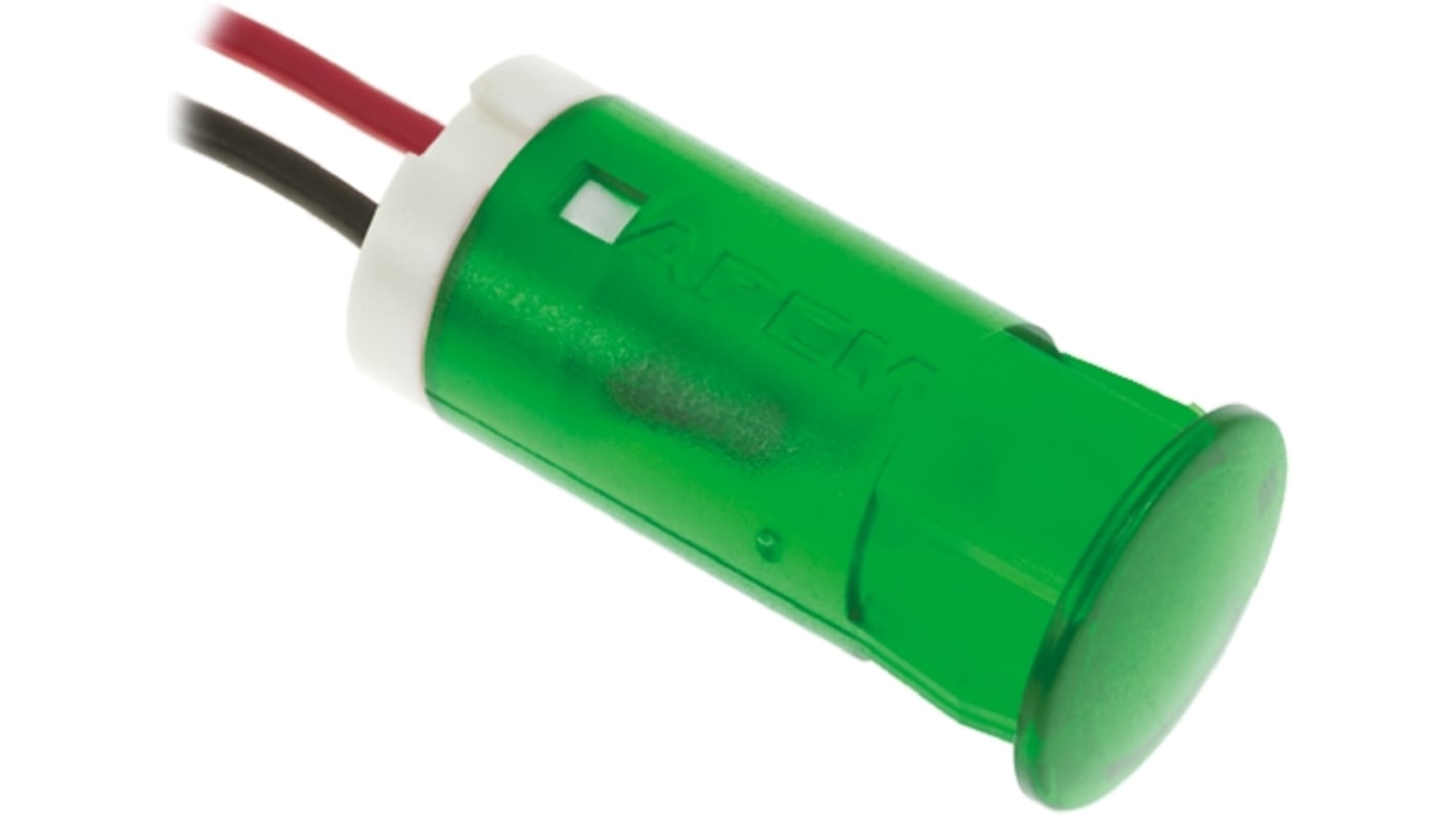 Apem Green Panel Mount Indicator, 12V dc, 12mm Mounting Hole Size, Lead Wires Termination