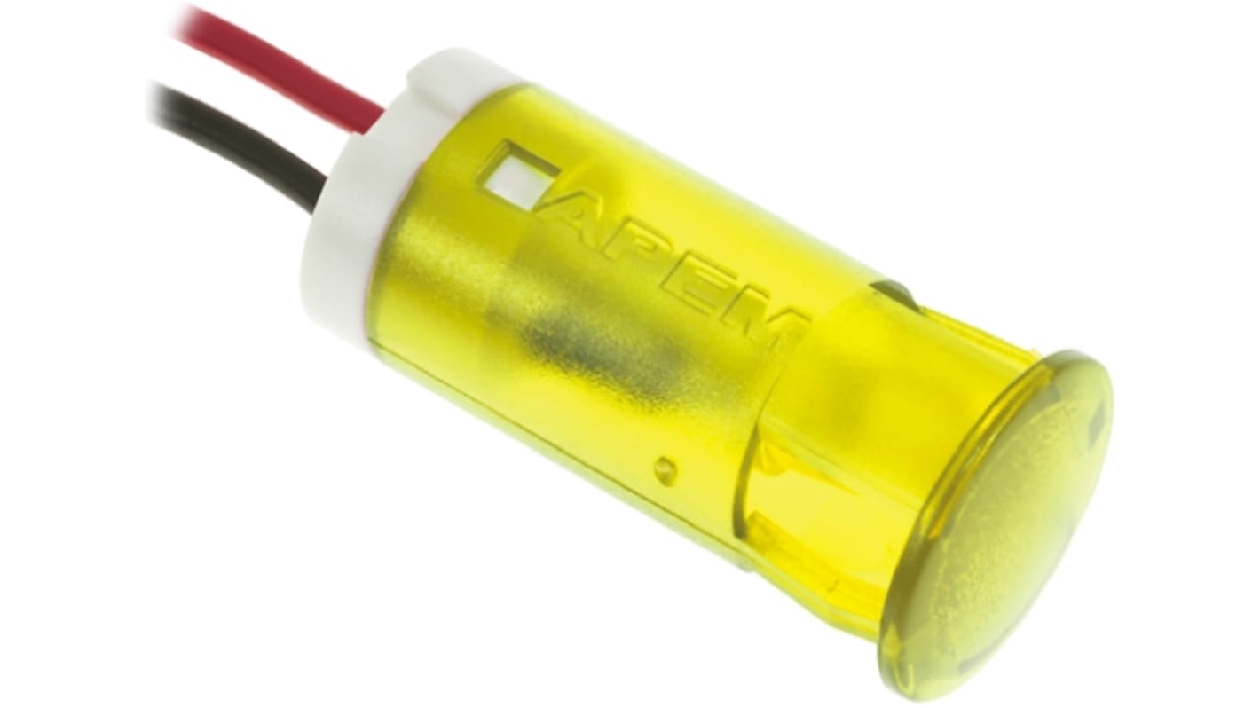 Apem Yellow Panel Mount Indicator, 110V ac, 12mm Mounting Hole Size, Lead Wires Termination