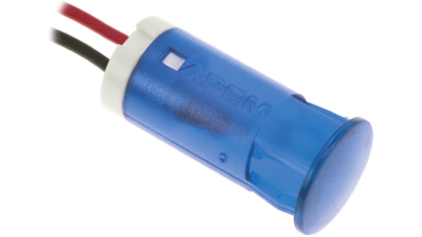 Apem Blue Panel Mount Indicator, 220V ac, 12mm Mounting Hole Size, Lead Wires Termination