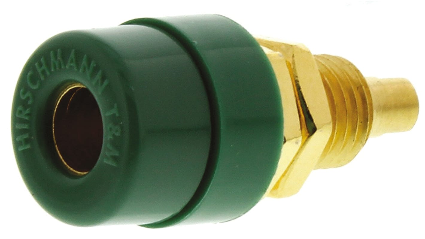 Conector banana hembra Hembra, 32A, 30 V ac, 60V dc, Contacto Oro, Verde