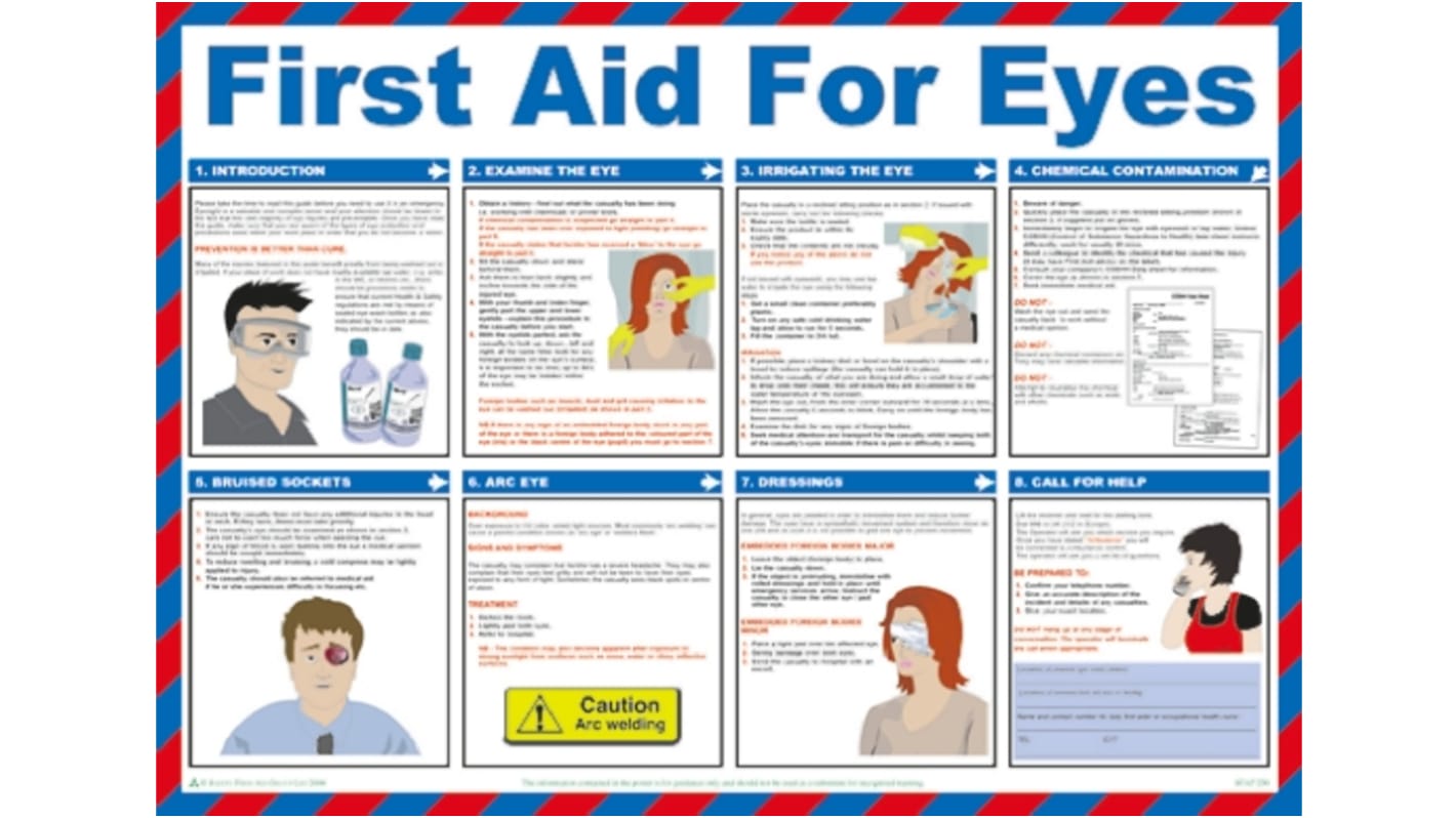 First Aid for Eyes Treatment Guidance Safety Poster, Semi Rigid Laminate, English, 420 mm, 590mm