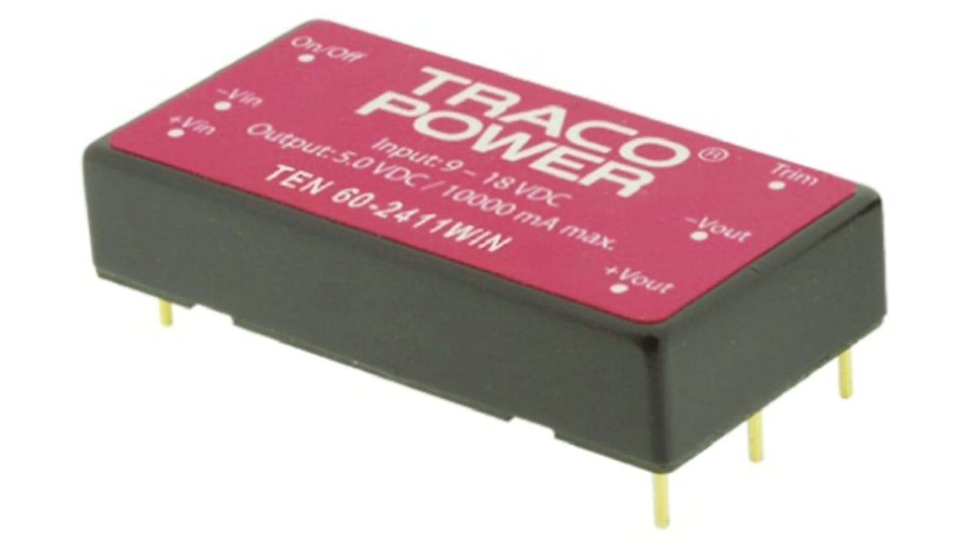 TRACOPOWER TEN 60WIN DC-DC Converter, 15V dc/ 4A Output, 18 → 75 V dc Input, 60W, Through Hole, +85°C Max Temp