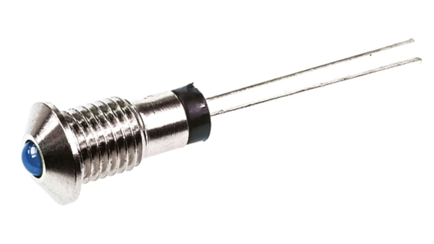 Marl Blå Lysdiode Panelmonteret kontrollampe, 3 mm Lampe 6mm hulstr., Fremspringende, 4.5V