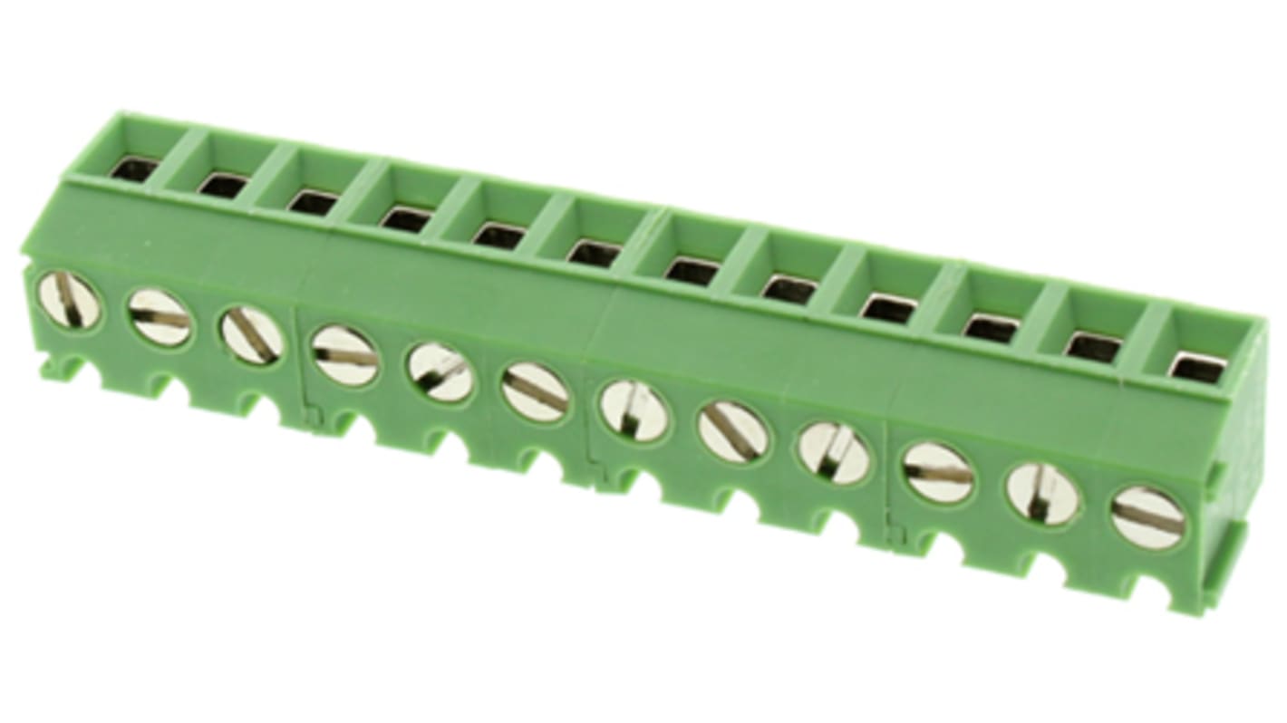 Borne para PCB Hembra RS PRO de 12 vías , paso 3.81mm, 8A, de color Verde, montaje Montaje en orificio pasante,