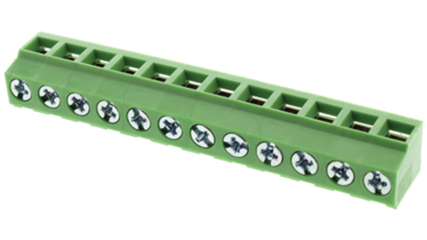 Borne para PCB Hembra RS PRO de 12 vías , paso 5.08mm, 16A, de color Verde, montaje Montaje en orificio pasante,