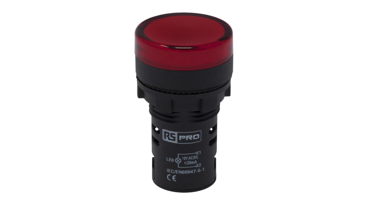 RS PRO, Panel Mount Red LED Pilot Light, 22mm Cutout, IP65, Round, 12V