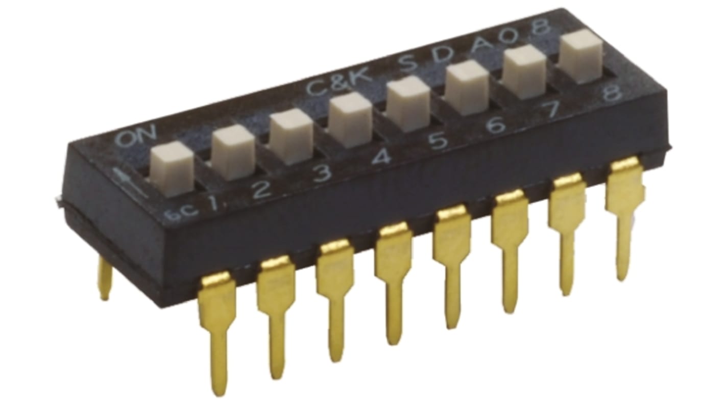 DIP switch, 1-polet, Hulmontering, Forlænget 25 mA, 24 V dc, 3-vejs, -40 → +85°C