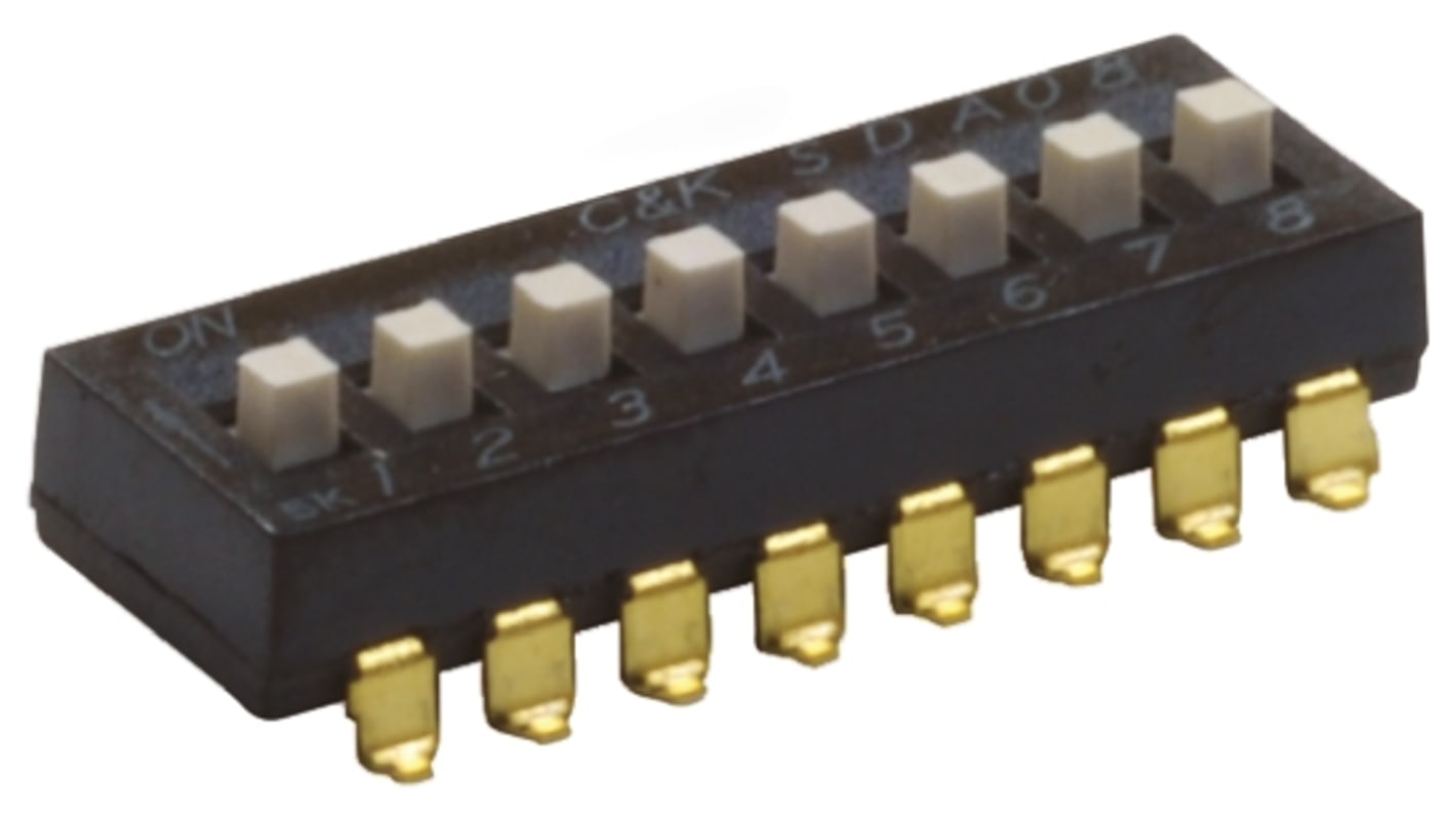 Spínač DIP SPST, typ ovladače: rozšířený povrchová montáž 25 mA při 24 V DC 8cestný -40 → +85°C
