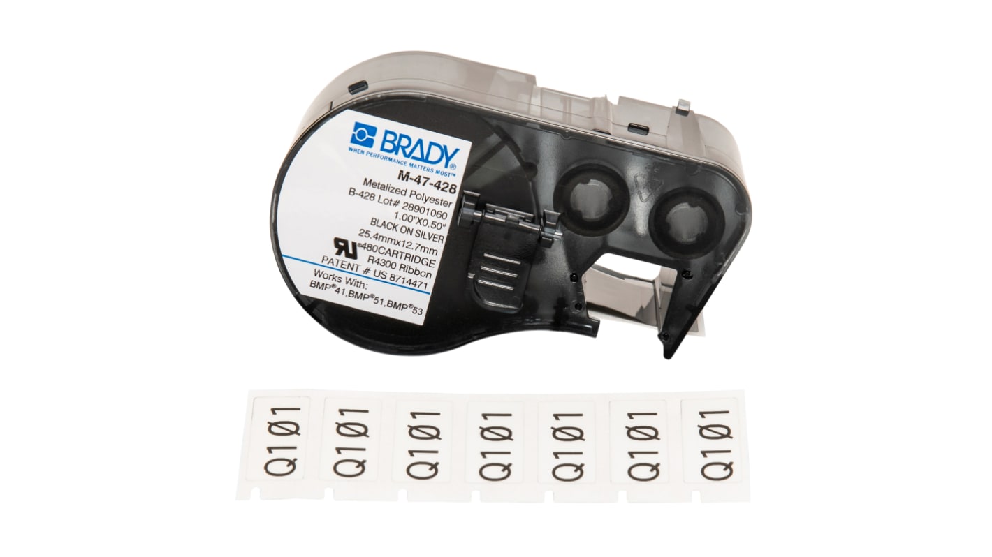 Brady B-428 Metallised Polyester Black on Silver Label Printer Tape, 25.4 mm Width, 12.7mm Label Length