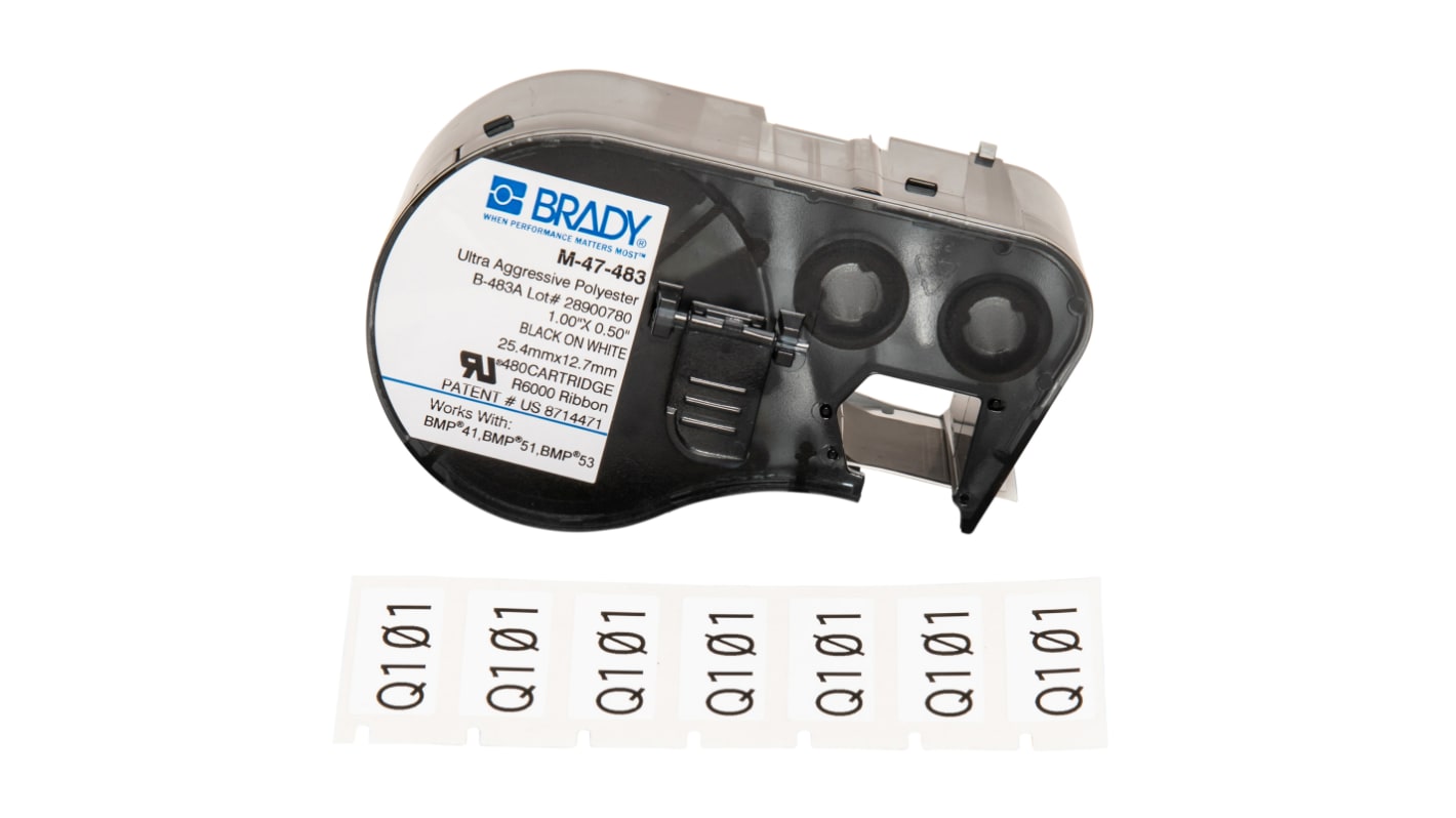 Brady B-483A Polyester Black on White Label Printer Tape, 25.4 mm Width, 12.7mm Label Length