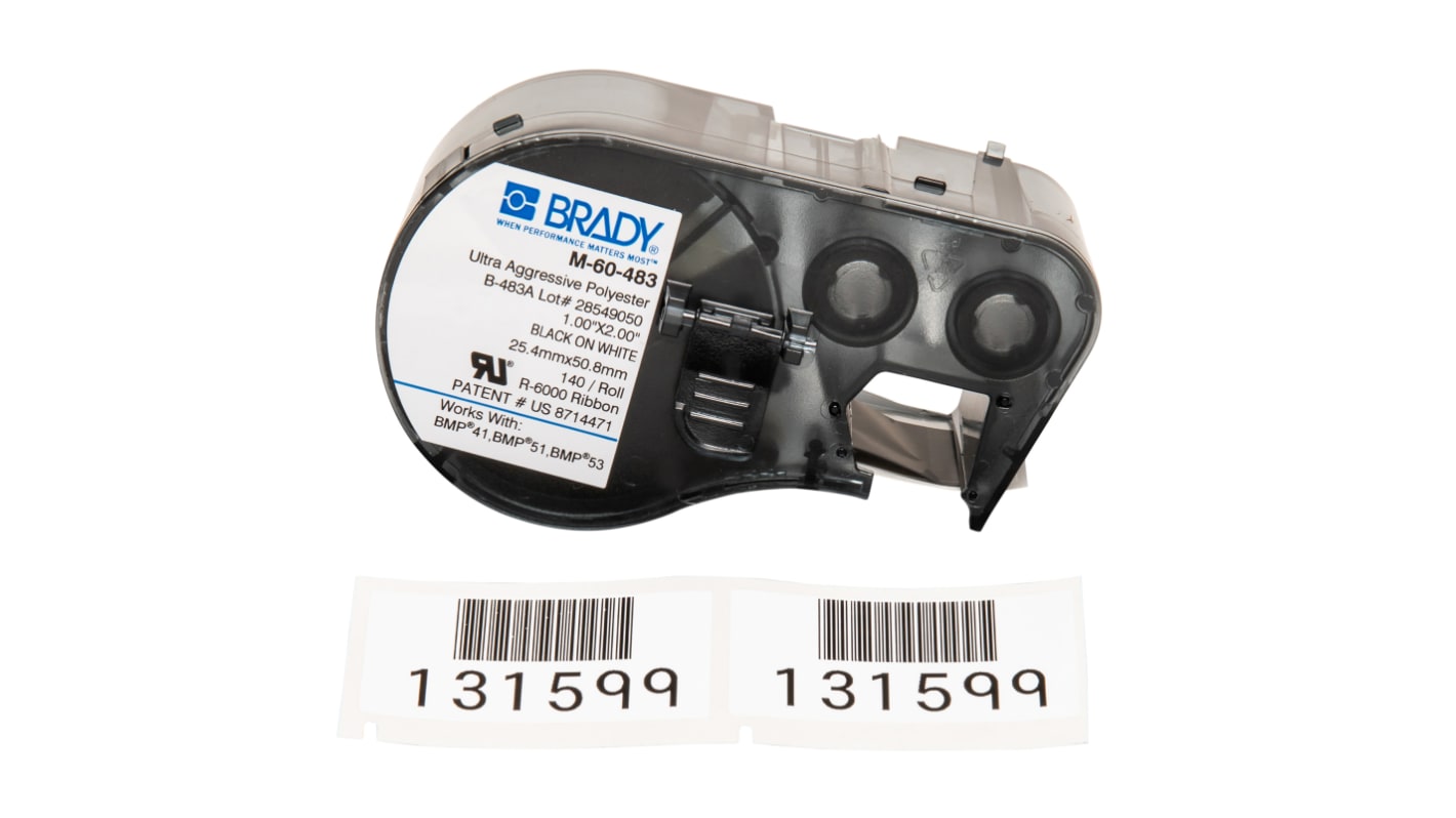 Brady B-483A Polyester Black on White Label Printer Tape, 25.4 mm Width, 50.8mm Label Length