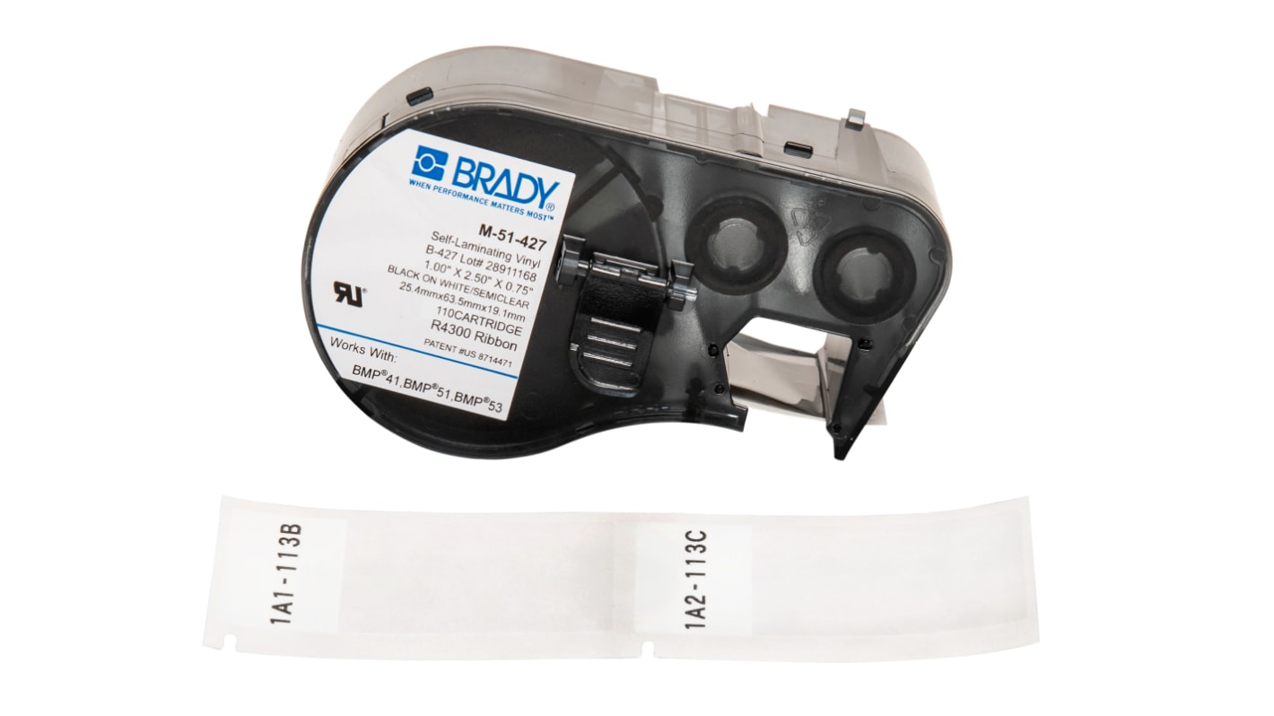 Brady B-427 Self-laminating Vinyl Black on White/Transparent Label Printer Tape, 25.4 mm Width, 63.5mm Label Length