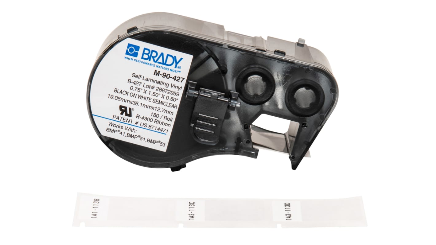 Cinta para impresora de etiquetas Brady, color Negro sobre fondo Blanco/transparente, 180, para usar con BMP41, BMP51,