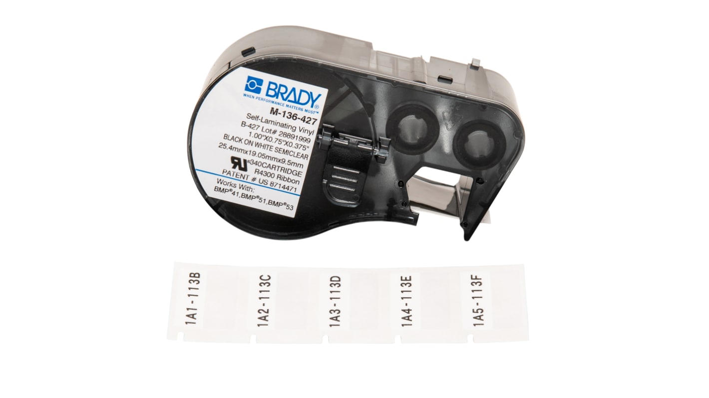 Brady B-427 Self-laminating Vinyl Black on White/Transparent Label Printer Tape, 25.4 mm Width, 19.05mm Label Length