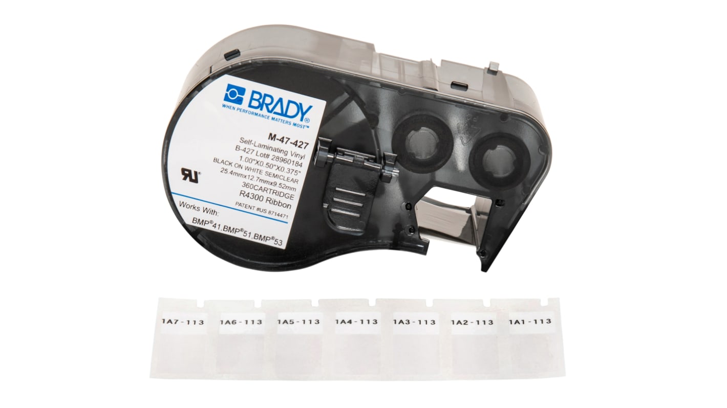 Brady B-427 Self-laminating Vinyl Black on White/Transparent Label Printer Tape, 12.7 mm Width, 12.7mm Label Length