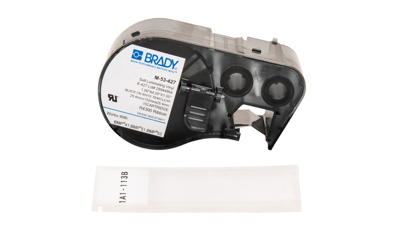 Brady B-427 Self-laminating Vinyl Black on White/Transparent Label Printer Tape, 25.4 mm Width, 101.6mm Label Length