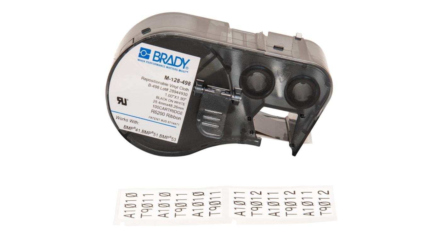 Brady B-498 Repositionable Vinyl Black on White Label Printer Tape, 25.4 mm Width, 48.26mm Label Length