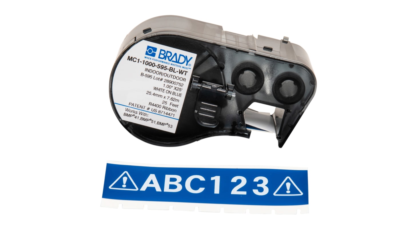 Brady B-595 Vinyl White on Blue Label Printer Tape, 7.62 m Length, 25.4 mm Width